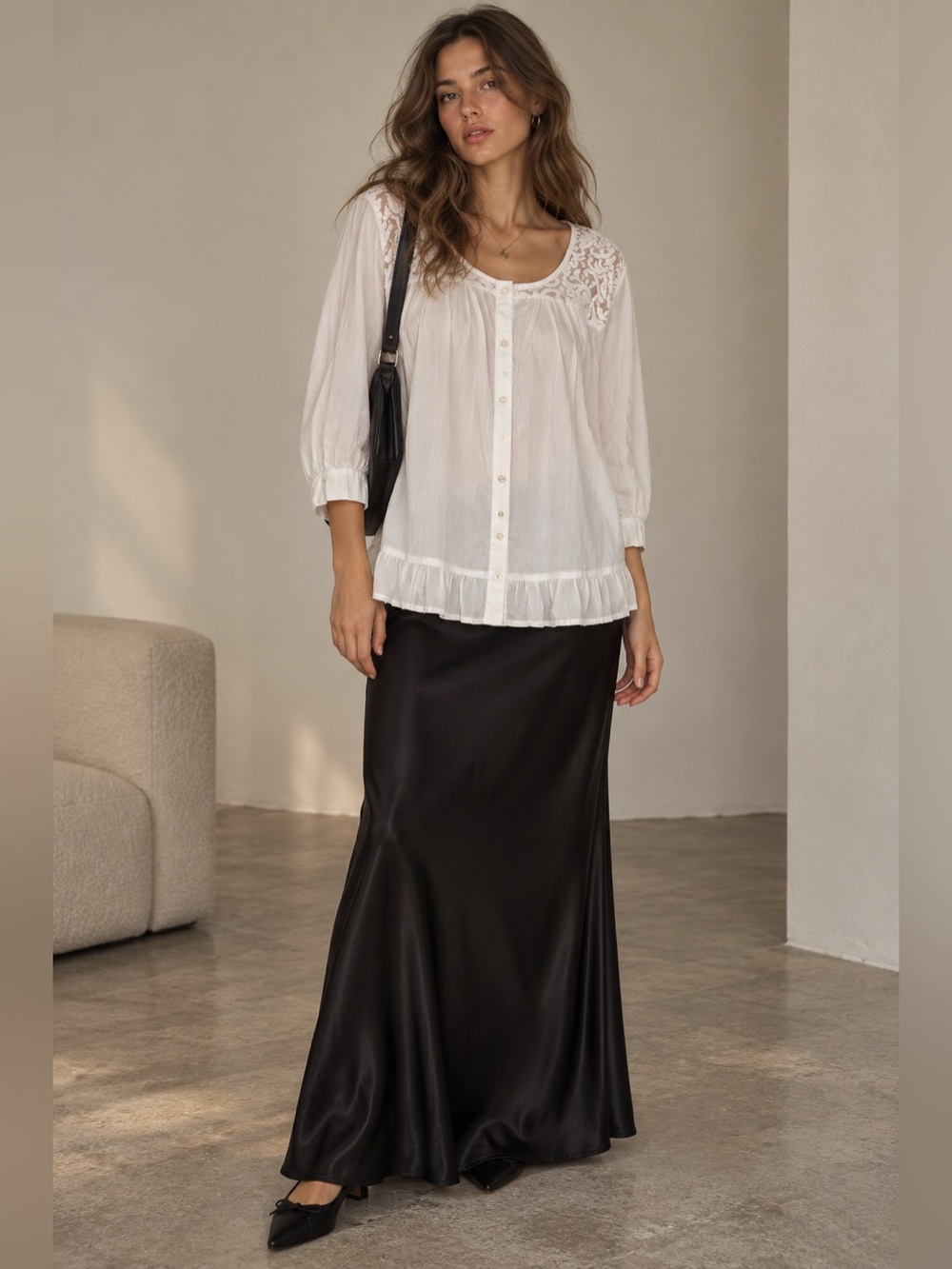 Bonita Women’s Bohemian Button Up Cotton Lace Trim Blouse Size 46 EU/ L US White